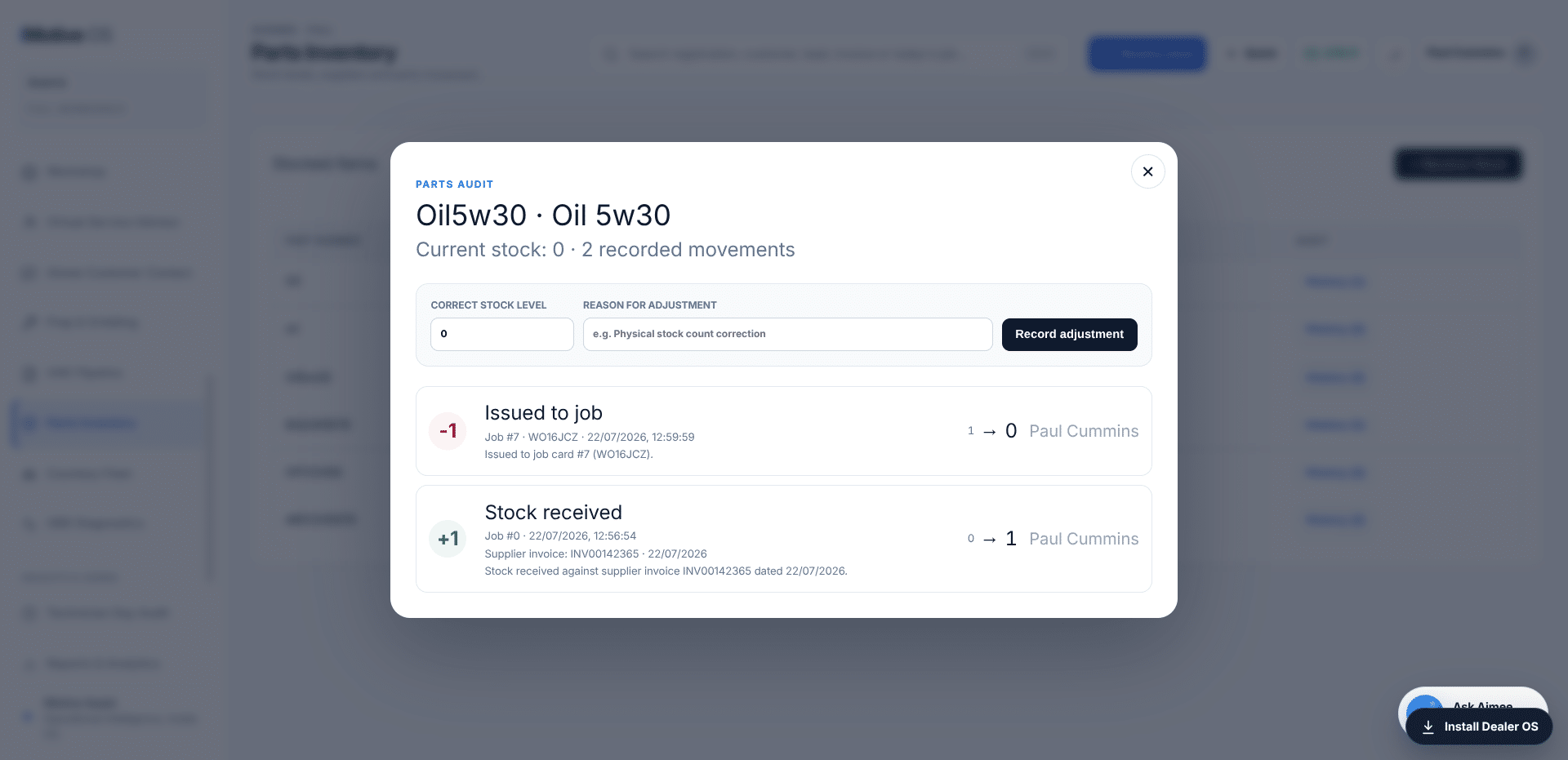 iMotive Dealer OS parts inventory audit history