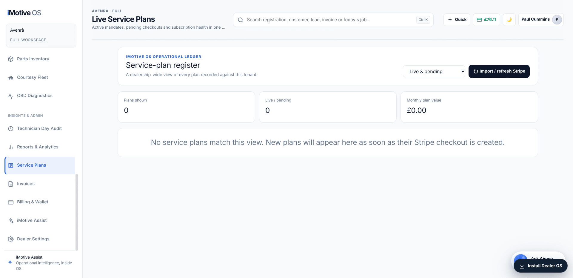 iMotive Dealer OS live service plan register