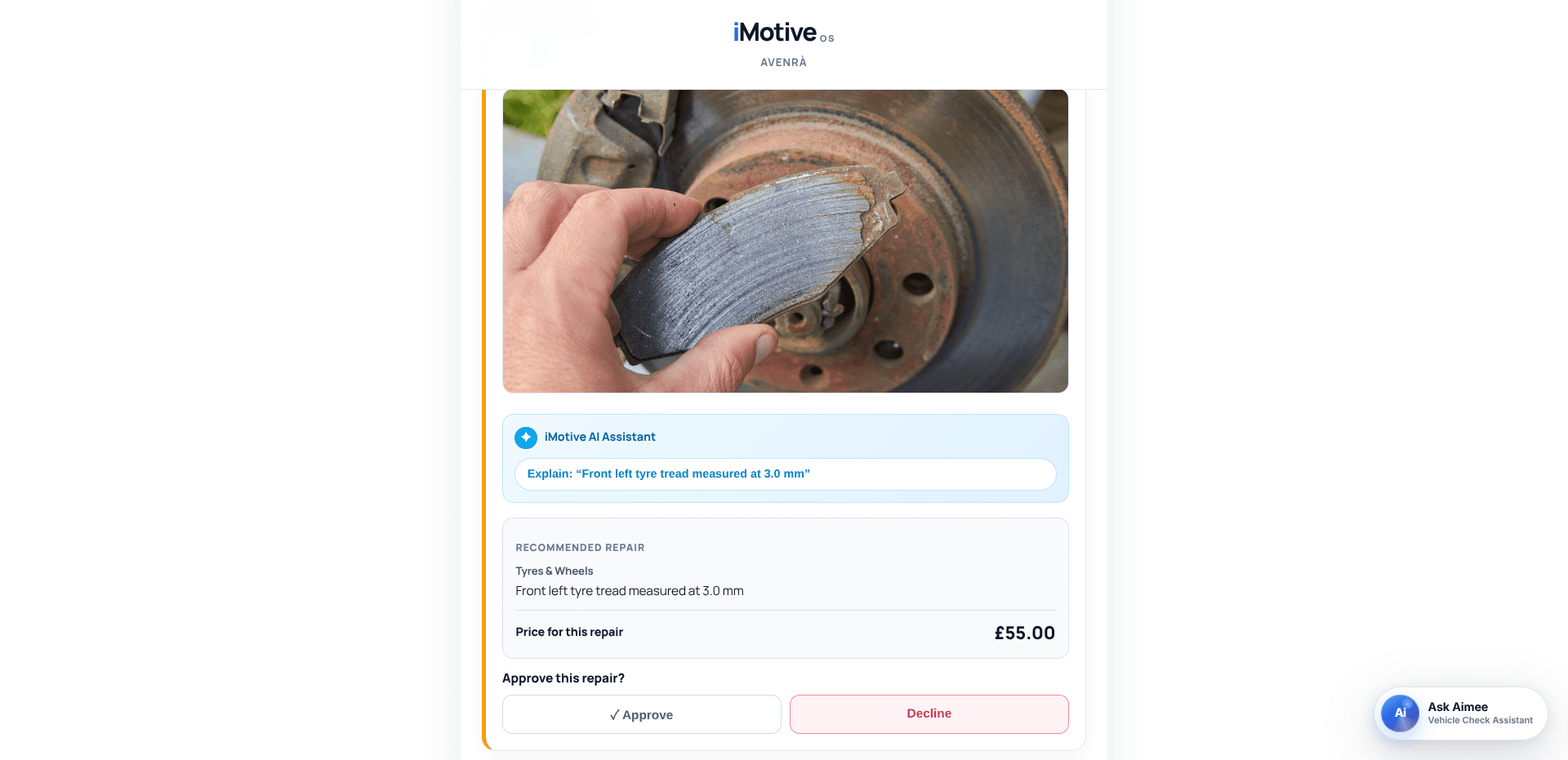 Customer vehicle health check repair card with visual evidence and approve or decline controls