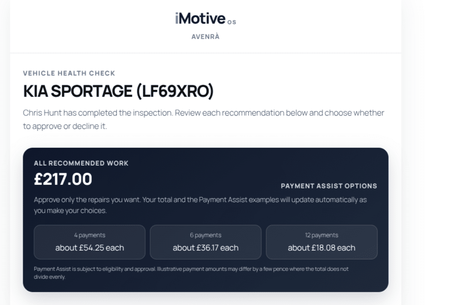 iMotive customer VHC report with approved-work total and Payment Assist choices