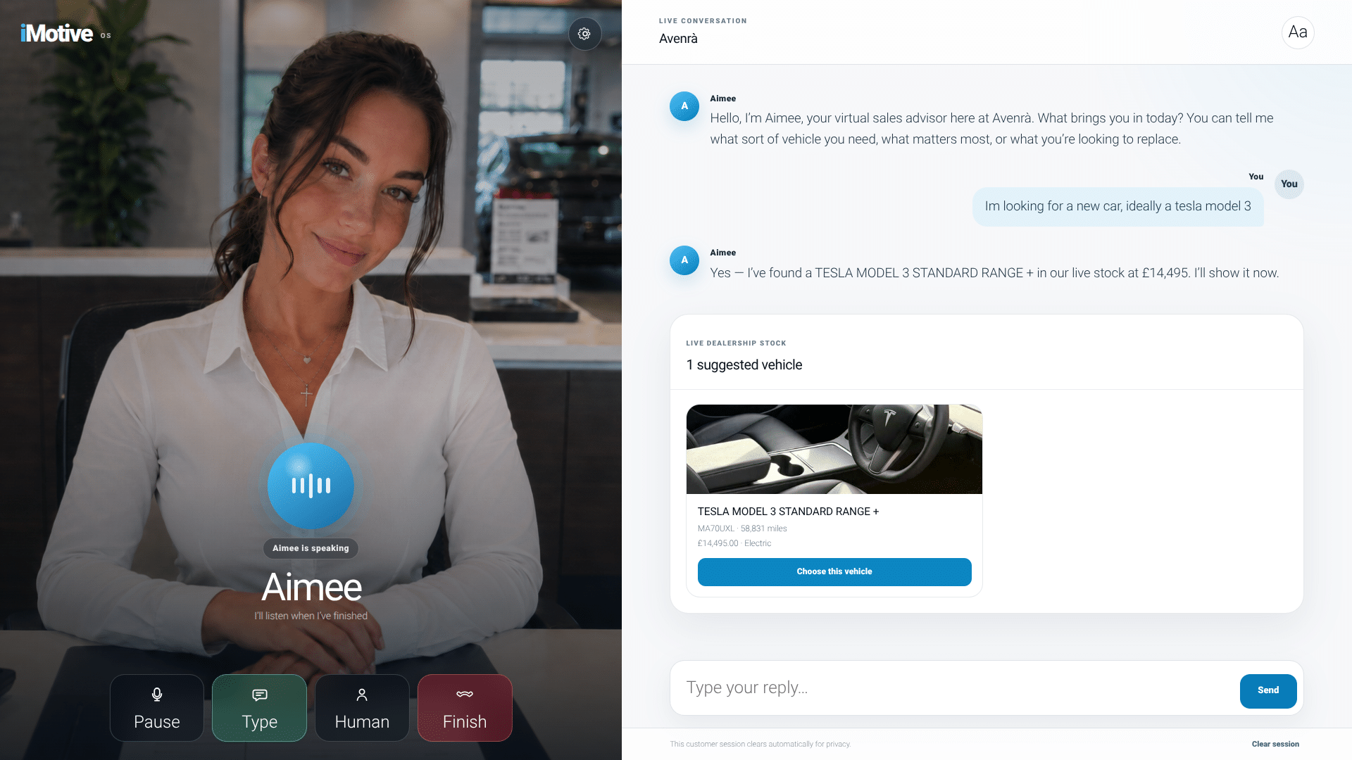 iMotive Virtual Sales Advisor matching a customer to live vehicle stock