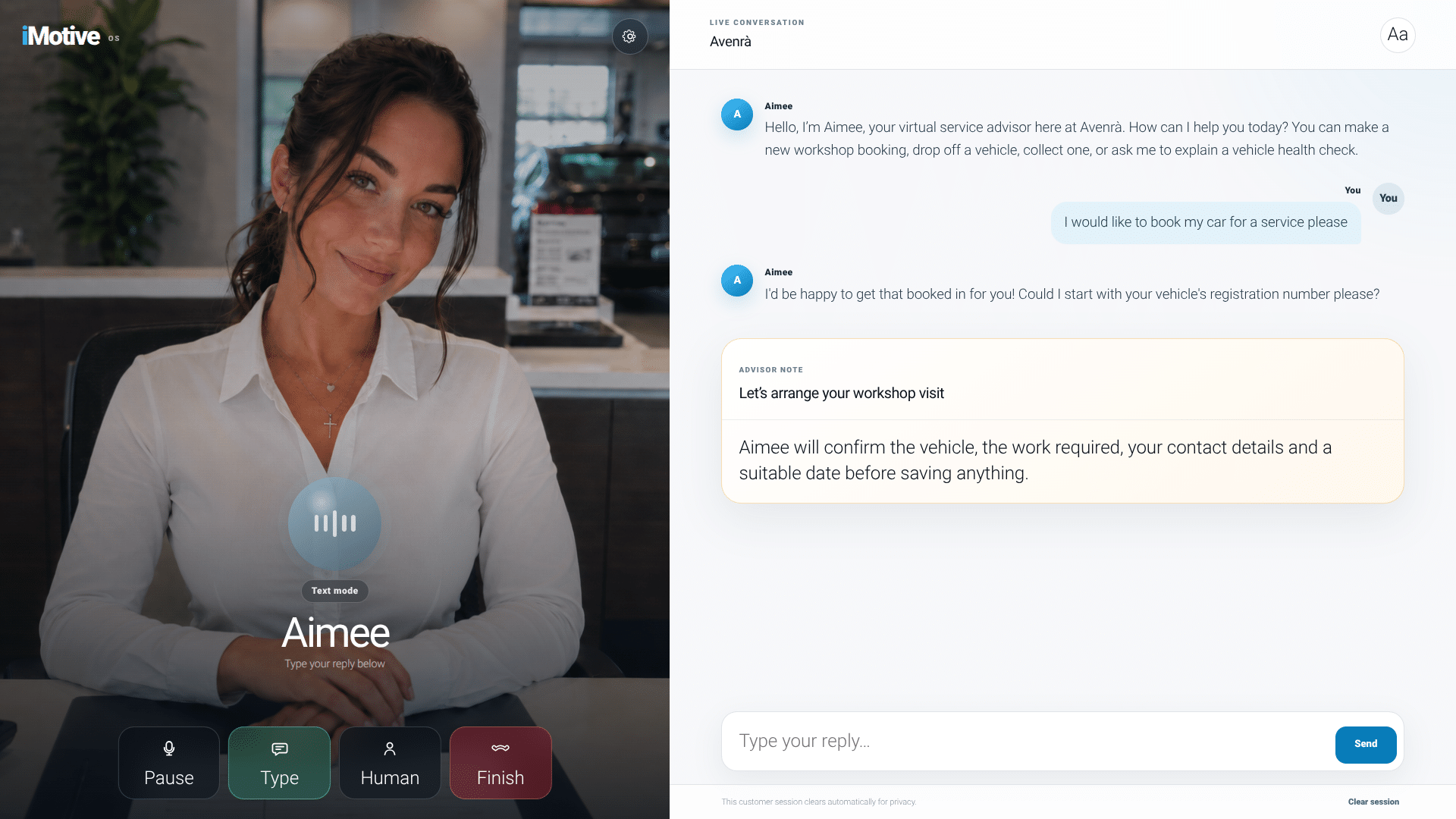 iMotive Virtual Service Advisor holding a live workshop booking conversation