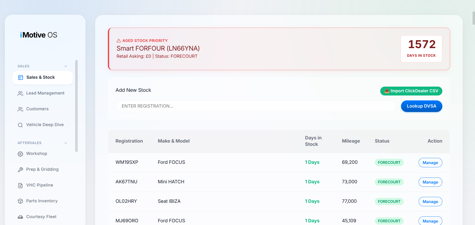 Interactive vehicle stock management screen
