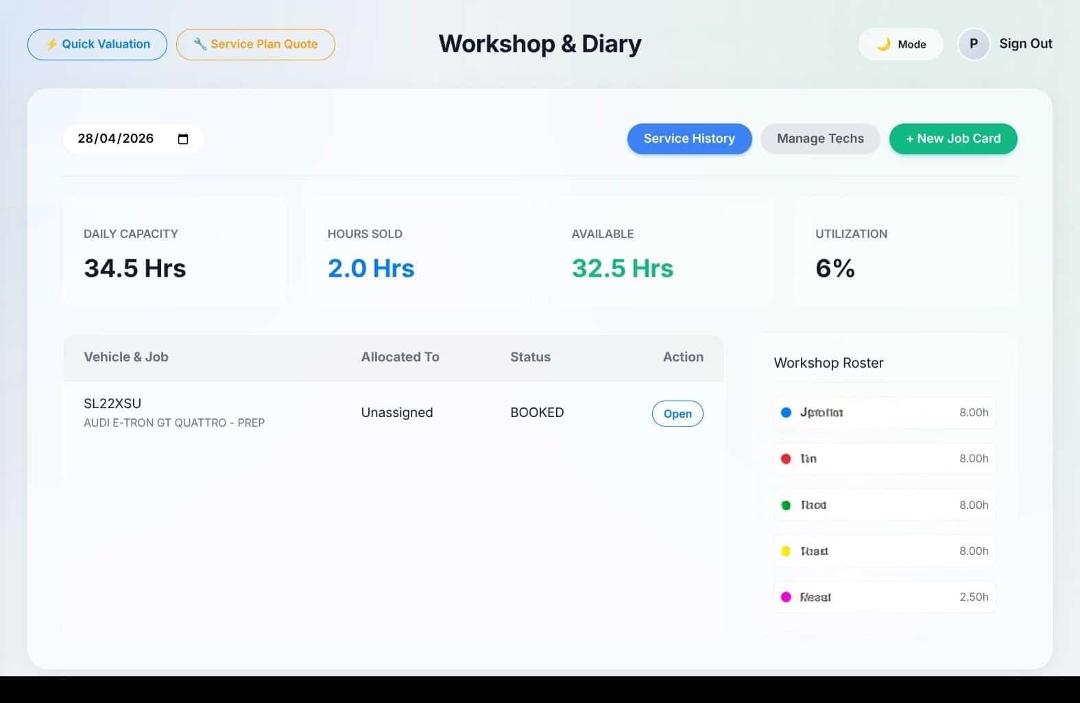 Live workshop diary and capacity management