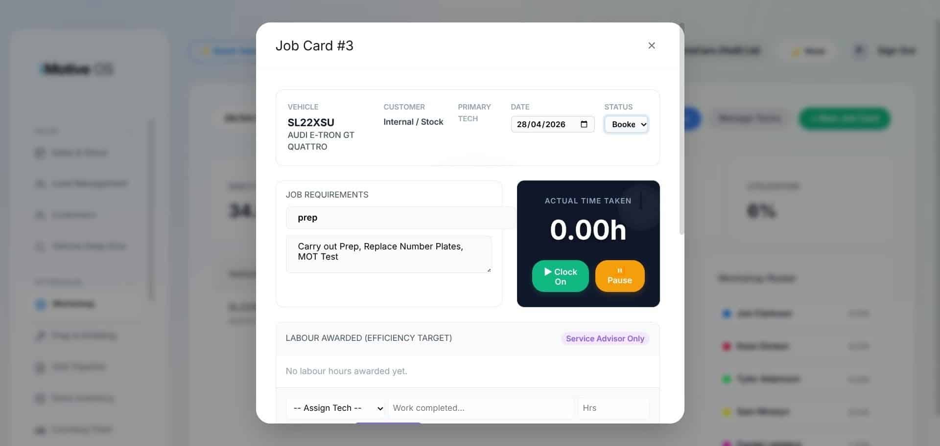 Technician clocking and efficiency screen